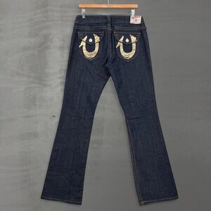 Y2K True Religion Becky Flare Jeans Dark Wash Gold Painted Horseshoe Logo 29